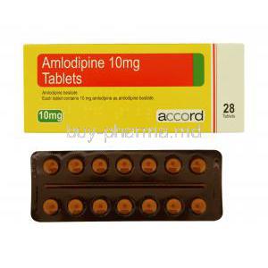 Accord Amlodipine Besilate 10mg 28tabs, packaging front view with blister pack