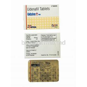 Generic Zydena, Udenafil, 2 Tab 100mg, packaging front and back information with blister