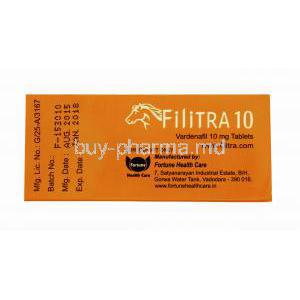 Generic Levitra, Filitra 10, Vardenafil 10mg 100 tabs, Box side view, manufactured by Fortune Health care, Batch, Mfg Date, Exp Date