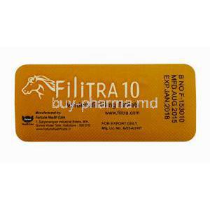 Generic Levitra, Filitra 10, Vardenafil 10mg 100 tabs, Blister pack back view with information, manufactured by Fortune Health Care