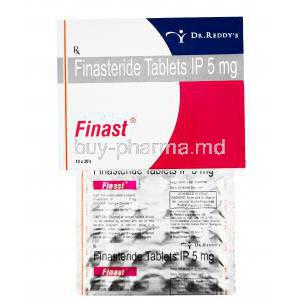 Generic Proscar, Finasteride tablets IP 5mg, Finast, Dr.Reddy's, Box front presentation view, 10 x 30's , with blister pack