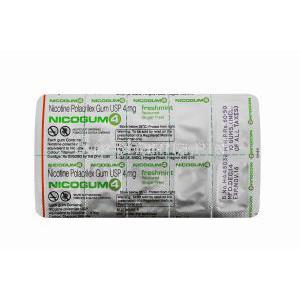 Nicotine Replacement Therapy Pastille/ Chewing Gum, Nicotine Polaorilex Gum USP 4mg, Nicogum Blister pack back view, contents information, storage instructions, warning label, Manufactured by Cipla Ltd