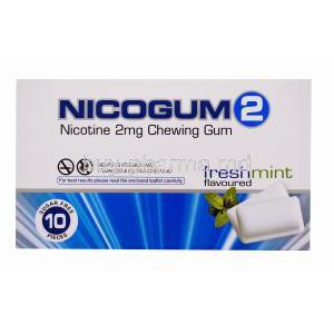 Nicotine Replacement Therapy Pastille/ Chewing Gum, Nicotine Polaorilex Gum USP 2mg, Nicogum 2, Fresh mint flavoured, sugar free 10 pieces, Box front view
