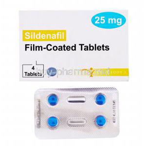 Sildenafil, Dr. Reddy's, Film coated tablets, 25mg 4 tabs, box front view with blister pack