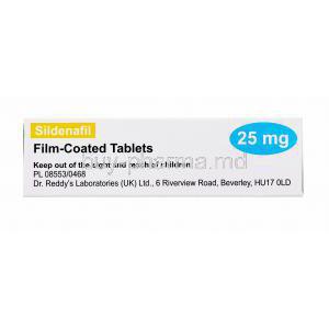 Sildenafil, Dr. Reddy's, Film coated tablets, 25mg 4 tabs, box side view with warning label