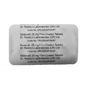 Sildenafil, Dr. Reddy's, Film coated tablets, 25mg 4 tabs laboratory's (UK) Ltd, blister pack back view