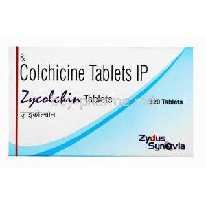 Generic Colcrys, Colchicine tablets IP, Zycolchin tablets, 320 tablets, Zydus Synovia, box front presentation
