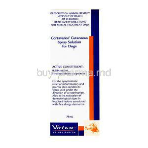 Cortavance Cutaneous Spray solution for dogs, 0.584mg/ml, 76ml, box and box back presentation, Active constituent, usage of product