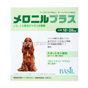 Meronil Plus For dog, Fipronil + (S)-Methoprene, 10-20Kg, Basil, 100g/L, 90g/L, box front presentation