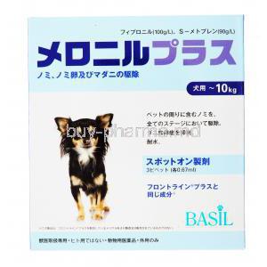 Meronil Plus For dog, Fipronil + (S)-Methoprene, ~10Kg, Basil, 100g/L , 90g/L, Box front presentation