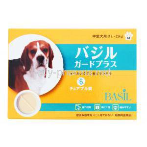 Basil Gard Plus Chocochew For Dogs, Ivermectin / Pyrantel Chocochew, Medium dog, 12-22Kg, Basil, box front presentaion