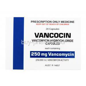 Vancocin, Vancomycin Hydrochloride, 20 capsules 250 mg Vancomycin, Box front presentation with information