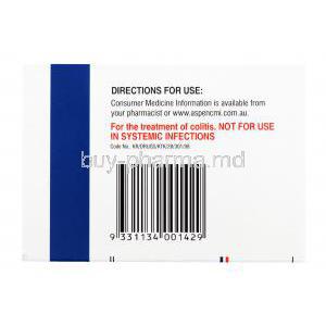 Vancocin, Vancomycin Hydrochloride, 20 capsules 250 mg Vancomycin, Box back presentation with information, Directions for use