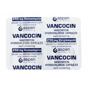 Vancocin, Vancomycin Hydrochloride, 20 capsules 250 mg Vancomycin, blister pack back presentation with information