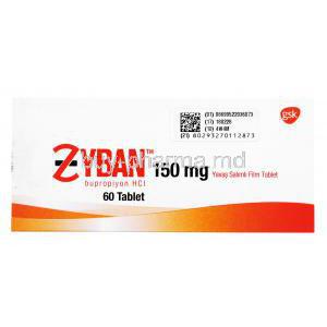Zyban, Bupropion Hydrochloride, 60 tabs 150mg, GSK, Box front presentation