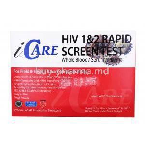Icare HIV 1&2 Rapid Screen Test, whole blood/ serum/ plasma, Box back presentation with information