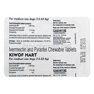 Kiwof Hart Chewable Tabs for medium Dogs(12-22kg), Ivermectin/ Pyrantel, 136mcg/114mg, blister pack back presentation with information