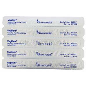 Vagifem Vaginal Tablet, Estradiol, blister pack of inserter, back presentation