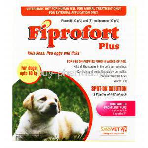 Fiprofort Plus, Fipronil, S-Methoprene, box front presentation, for dogs up to 10kg, 100g/L , 90g/L spot on solution, SavaVet