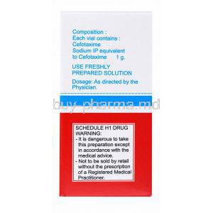Generic Claforan, Cefotaxime Sodium Injection IP, Taxim, Alkem, Box back presentation with information, composition, dosage and warning label.