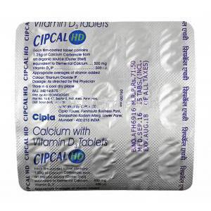 Cipcal HD, Elemental Calcium/ Vitamin D3 tablets back
