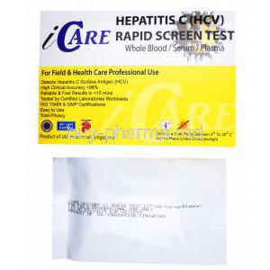 iCare Hepatitis C (HCV) Rapid Screen test kit, Whole Blood/ Serum/ Plasma, Box and test kit package front presentation