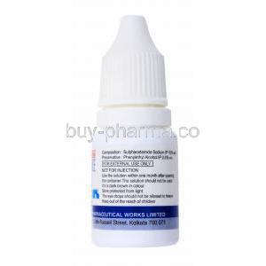 Sulfacetamide Sodium Eye Drop 10ml 10%, bottle back presentation with information