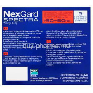 NexGard Spectra, Afoxolaner/ Milbemycin Oxime, >30-60kg, Merial, Box back presentation with information.