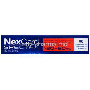 NexGard Spectra, Afoxolaner/ Milbemycin Oxime, >30-60kg, Merial, Box side presentation with information 150mg/30mg