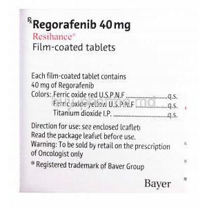 Resihance, Regorafenib 40mg, Bayer, 20 tabs, Box back presentation with information on contents, directions of use and warning label.