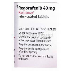 Resihance, Regorafenib 40mg, Bayer, 20 tabs, Box side presentation with storage information