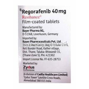 Resihance, Regorafenib 40mg, Bayer, 20 tabs, Box side presentation with information