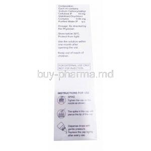 Carboxymethylcellulose Eyedrops, Lacrimos Gel 1%, 10ml, box side presentation with information on composition, dosage and storage instructions, warning label, pucturized instructions for use.