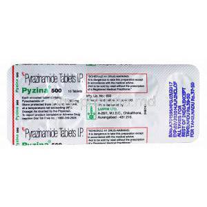 Pyzina 500, Pyrazinamide Tablet,500mg, 10 tablets, blister pack back presentation with information on product.