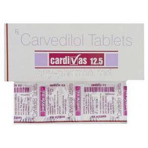 Cardivas, Generic Coreg, Carvedilol 12.5 mg tablet and  box