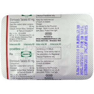 Intacoxia, Generic Arcoxia, Etoricoxib 60 mg packaging information