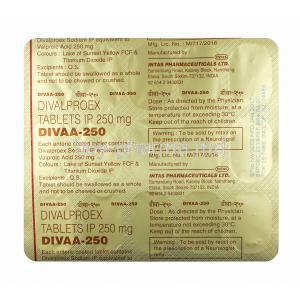 Divaa, Divalproex 250mg tablets back