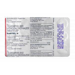 Sartel H, Telmisartan and Hydrochlorothiazide 40mg tablets back