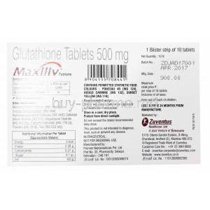 Glutathione 500 mg, Maxiliv, Zuventus, Box back presentation with information