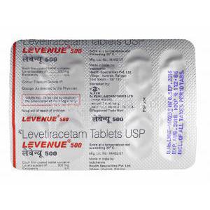 Levenue, Levetiracetam 500mg tablets back
