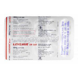 Levenue ER, Levetiracetam 500mg tablets back