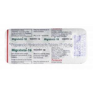 Migrabeta, Propranolol 10mg tablerts back