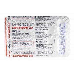 Levenue, Levetiracetam 250mg tablets back