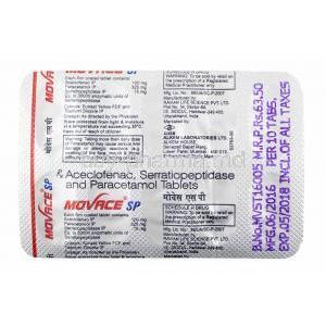 Movace SP, Aceclofenac, Paracetamol and Serratiopeptidase tablets back