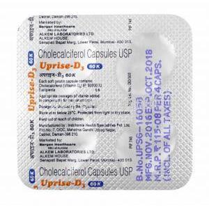 Uprise-D3, Cholecalciferol 60,000IU capsules back
