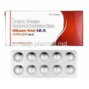 Olkem Trio, Olmesartan, Cilnidipine and Chlorthalidone 12.5mg box and tablets