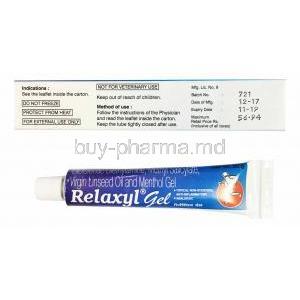 Relaxyl Gel, Diclofenac Diethylamine, Linseed oil, Methyl salicylate, Menthol. Box and tube back presentation with information