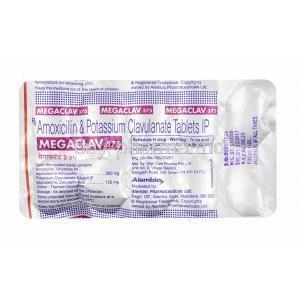 Megaclav, Amoxicillin and Clavulanic Acid 375mg tablets back