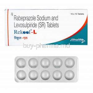 Rekool-L, Levosulpiride and Rabeprazole 75mg box and tablets