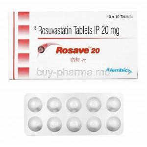 Rosave, Rosuvastatin 20mg box and tablets